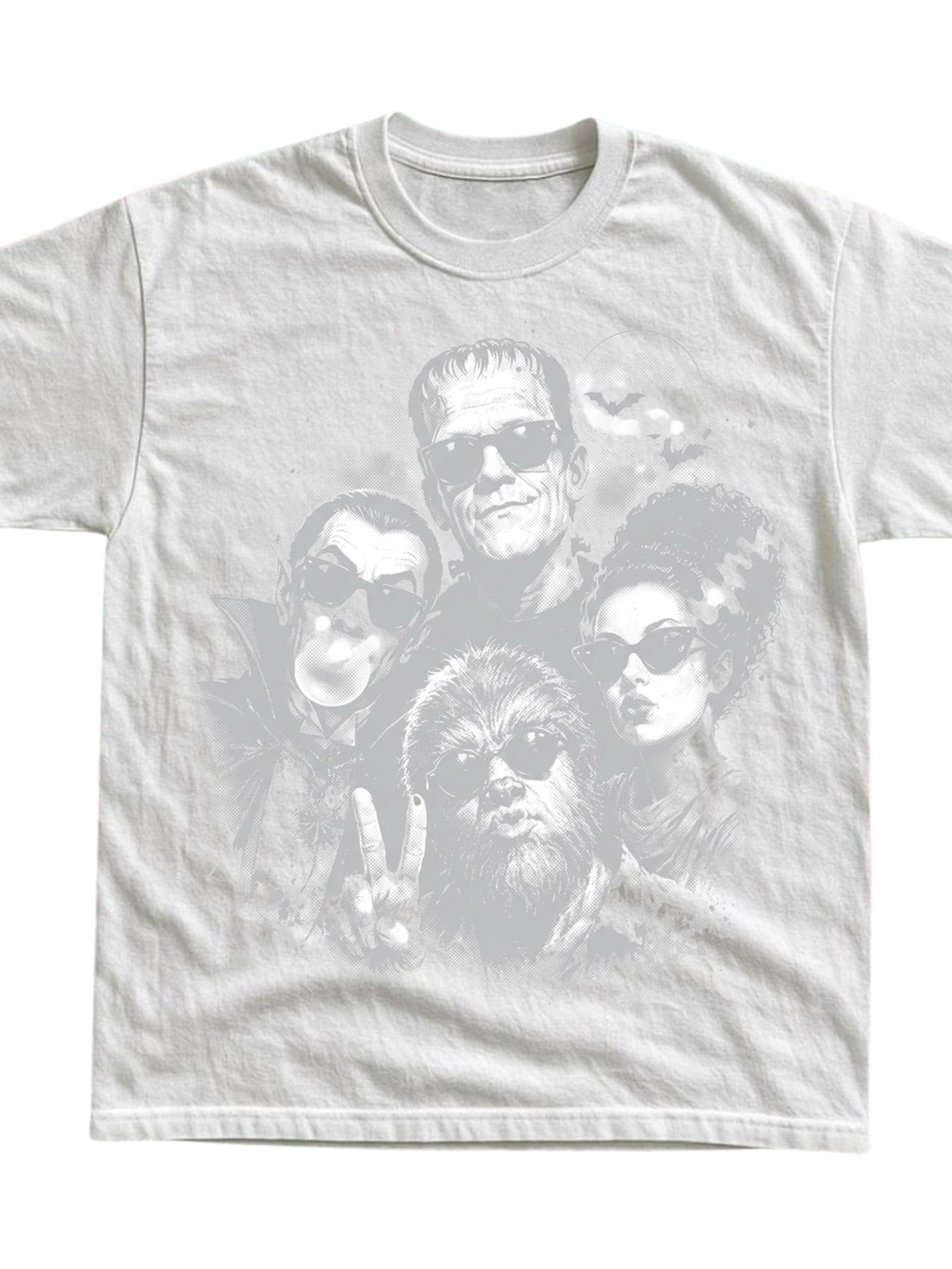 White Short Sleeve Tee with Gray Monochrome Classic Monster Portraits